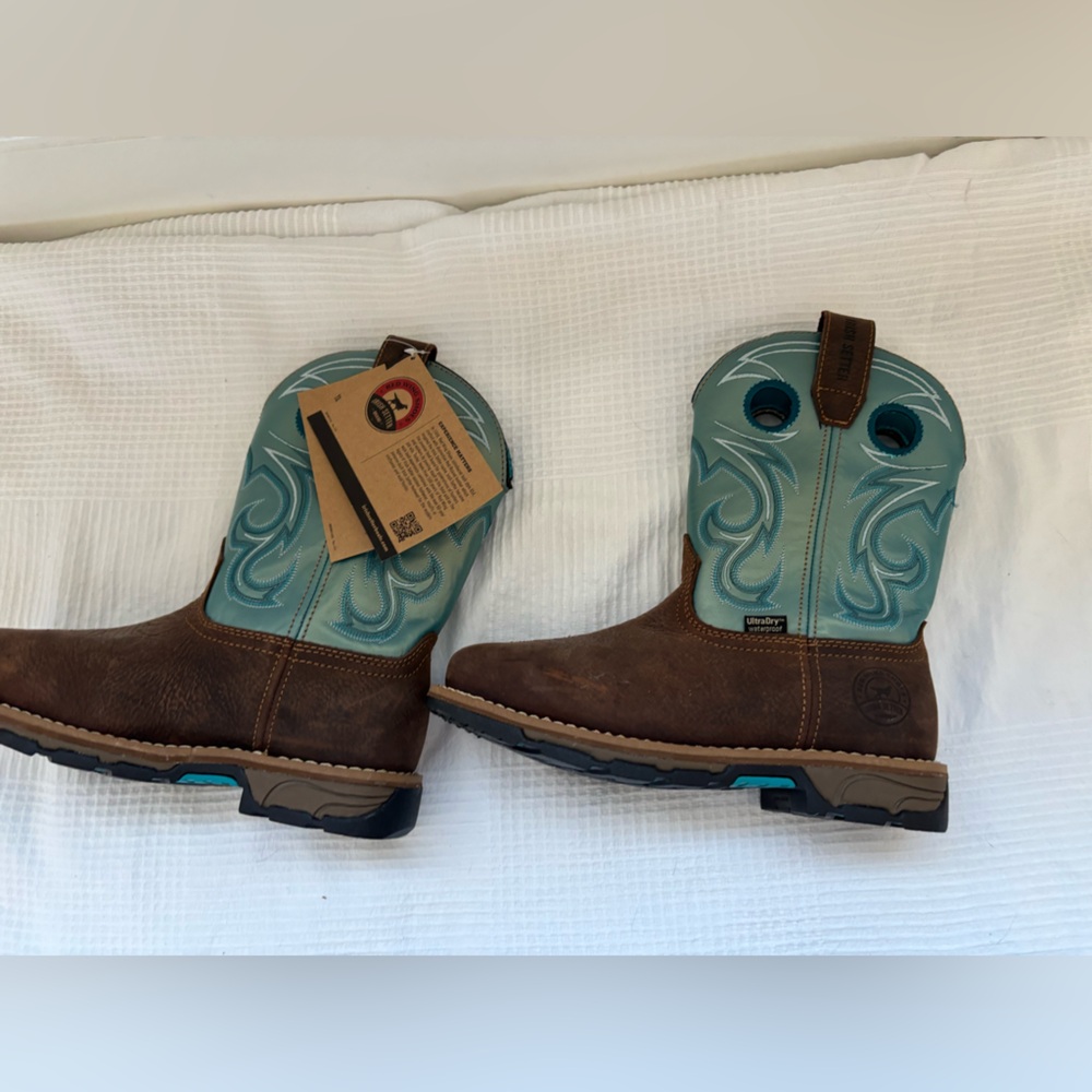 Irish Setter brown and teal woman’s boots.